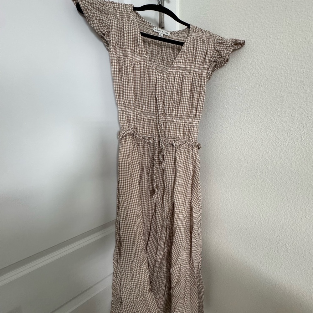 Moon River Beige Gingham Maxi Dress